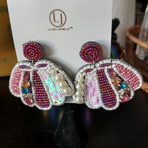 Laura Janelle Beaded Rhinestone Pearl Shell Design Beach Theme Earrings NEW